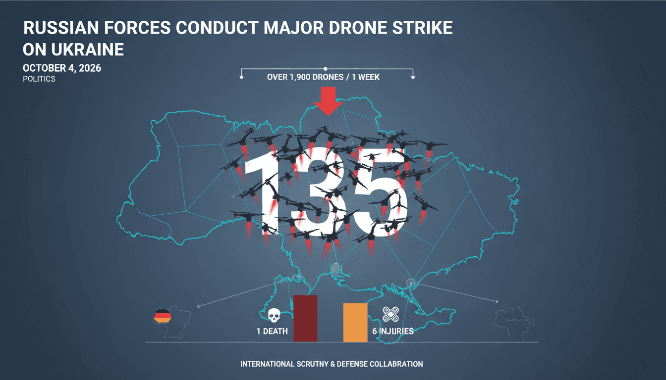 A graphic illustrating the recent Russian drone attack on Ukraine, highlighting key targets and casualties.