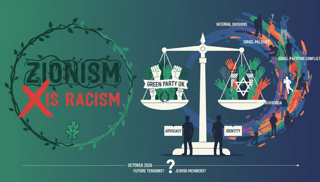 A graphic showing the Green Party's anti-Zionism motion and its implications for identity politics.