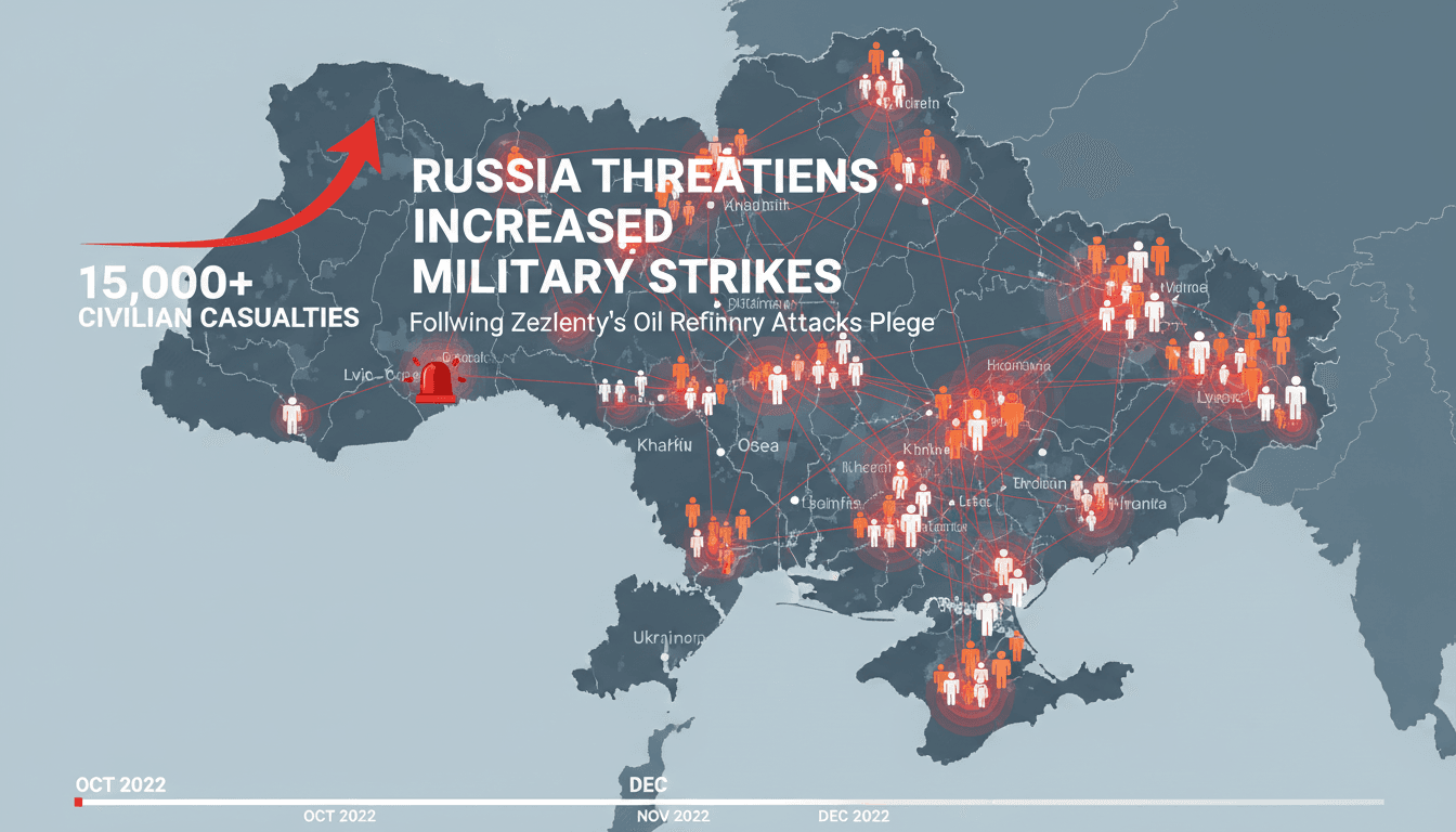Map showing military strike locations in Ukraine and rising civilian casualties due to the conflict.