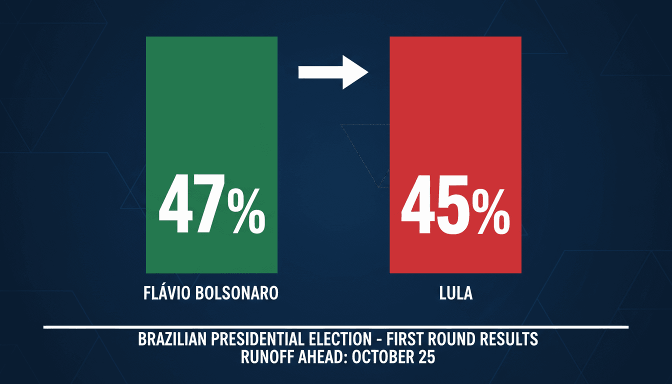 A graphic illustrating the first-round results of Brazil's 2026 presidential election, highlighting Flávio Bolsonaro's lead over Lula.