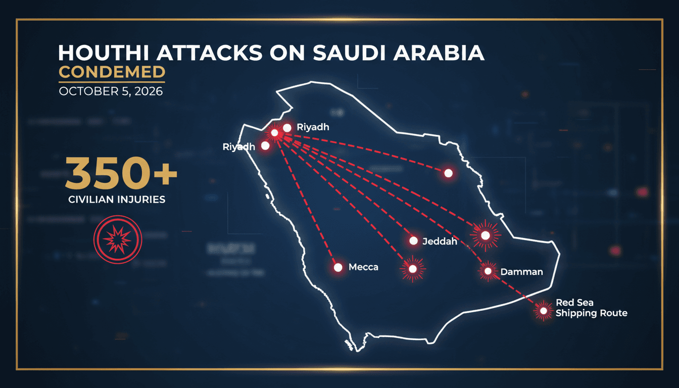 Infographic showing civilian injuries and locations of Houthi attacks in Saudi Arabia.