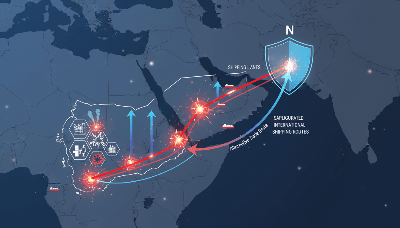 Coalition naval forces conducting strikes on Houthi military infrastructure in Yemen, enhancing maritime security in the Red Sea.