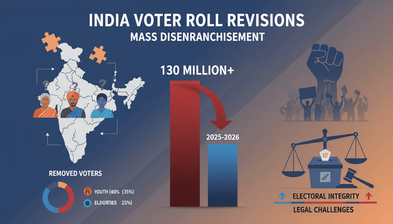 A graphic showing the impact of voter roll removals in India, highlighting protests and youth activism.