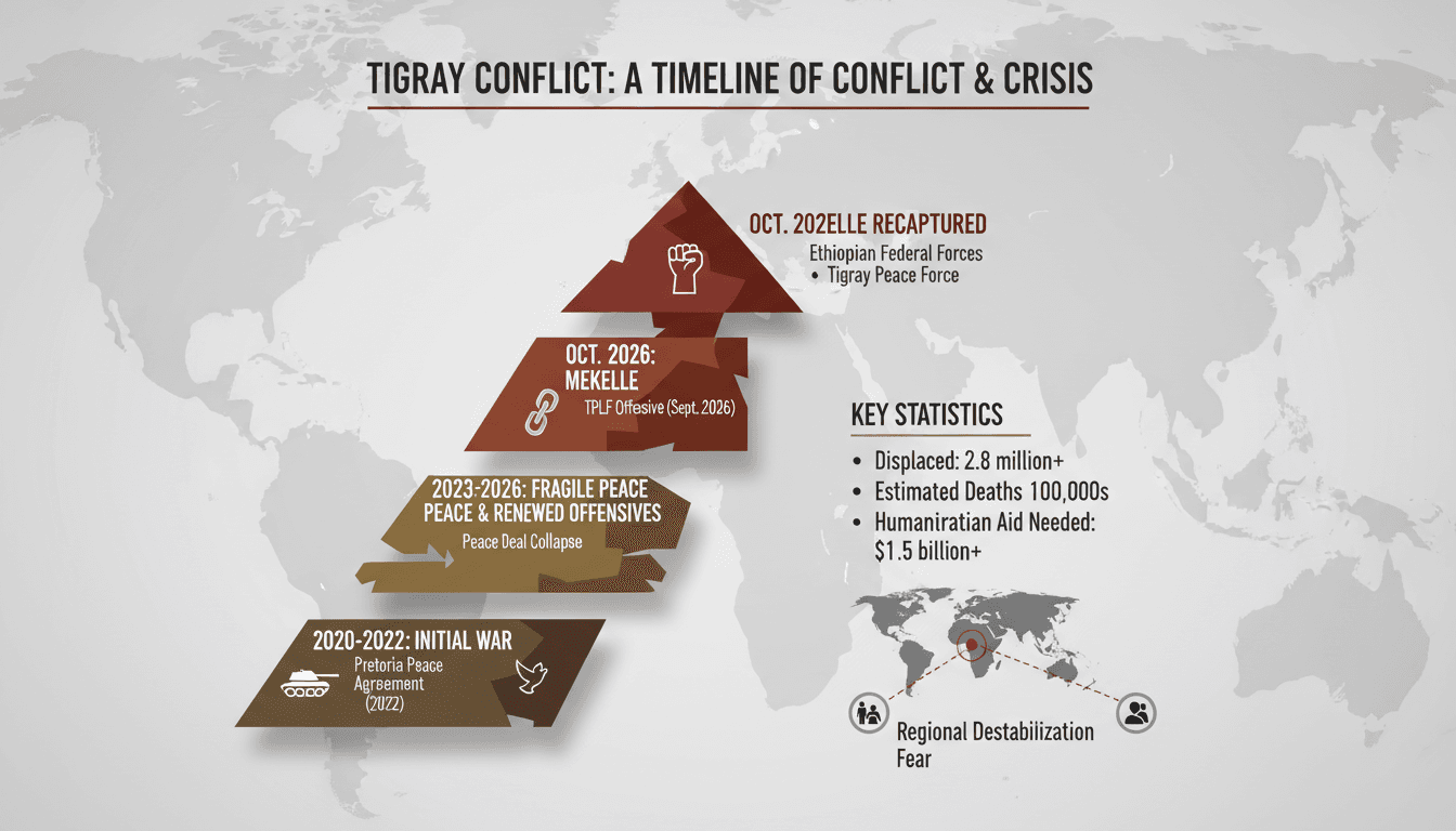 A map highlighting the Tigray region and the recapture of Mekelle by Ethiopian federal forces.