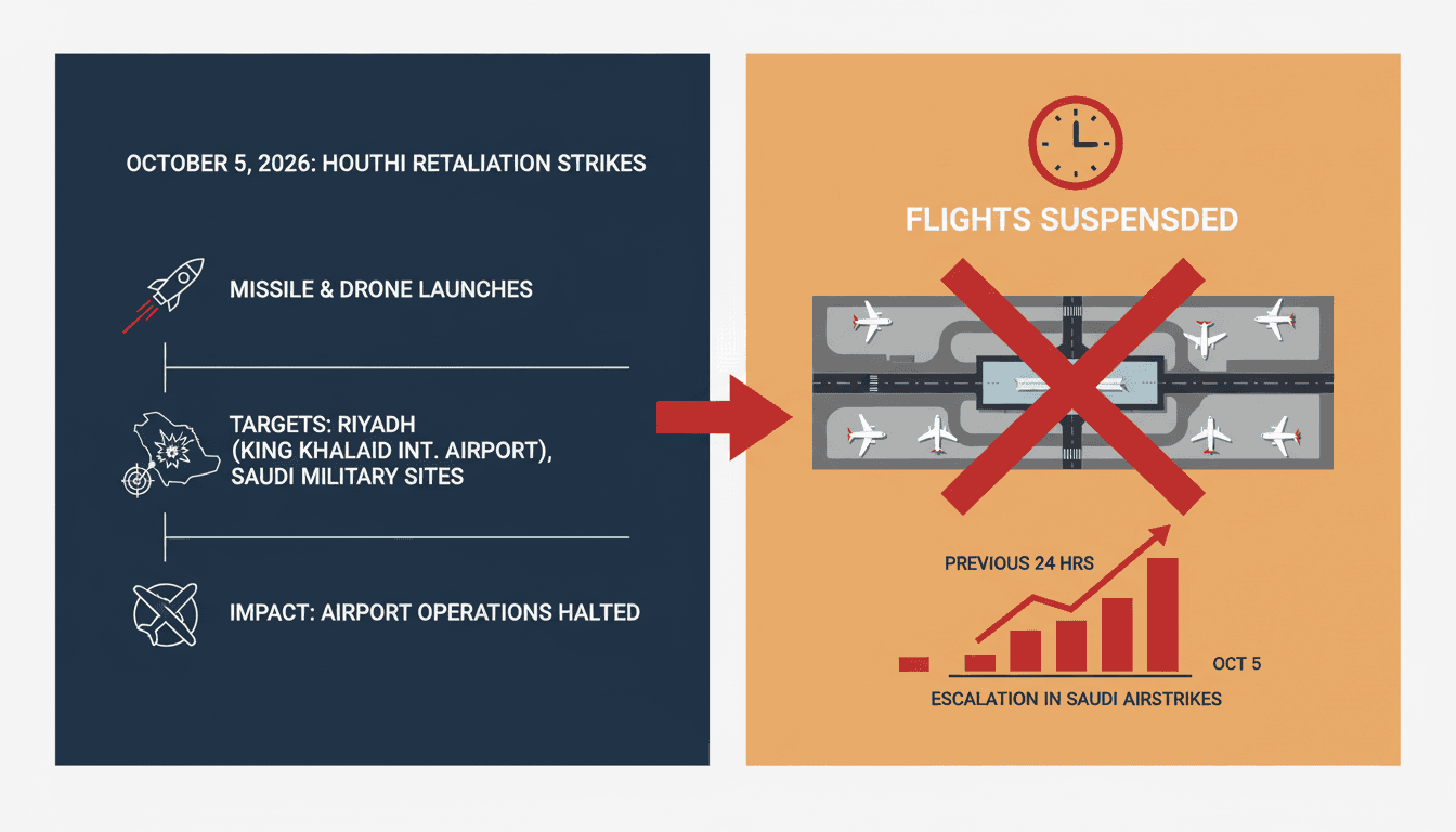 A map showing the locations of Houthi missile and drone strikes in Saudi Arabia, focusing on Riyadh Airport.