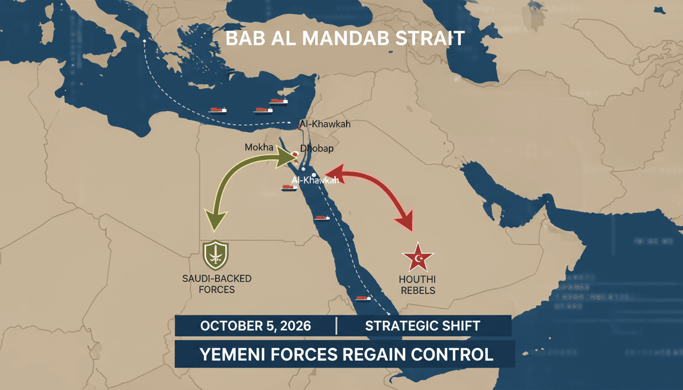 Map of Bab al-Mandab Strait showing military movements and shipping routes affected by the Yemen conflict.