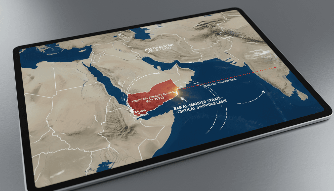 Map of Bab al-Mandeb Strait showing shipping routes and military control zones.