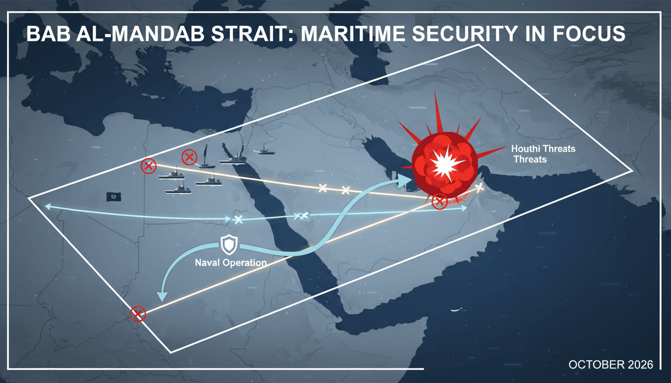 A map of the Bab al-Mandab Strait highlighting shipping routes and military operations by the Saudi-led Coalition.