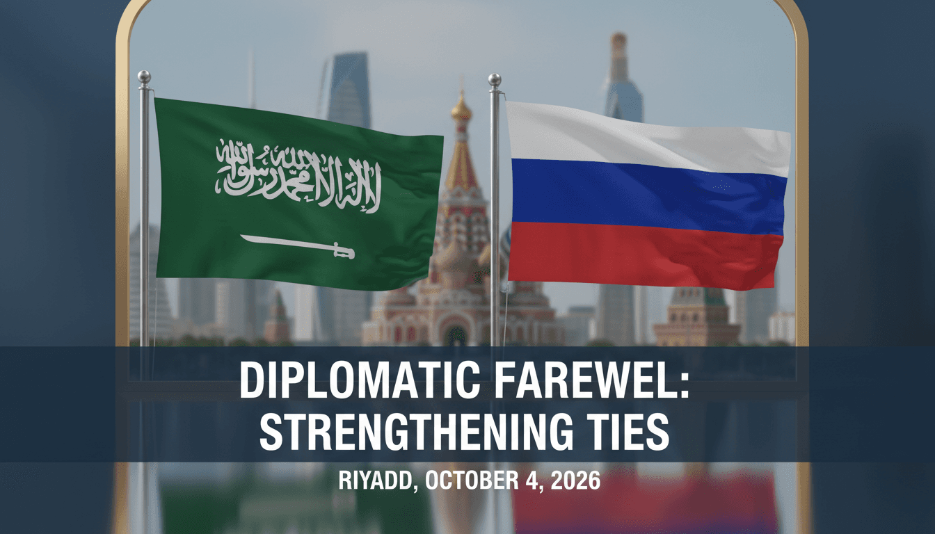 Saudi and Russian flags with a diplomatic meeting backdrop, highlighting the farewell of the Russian Ambassador.