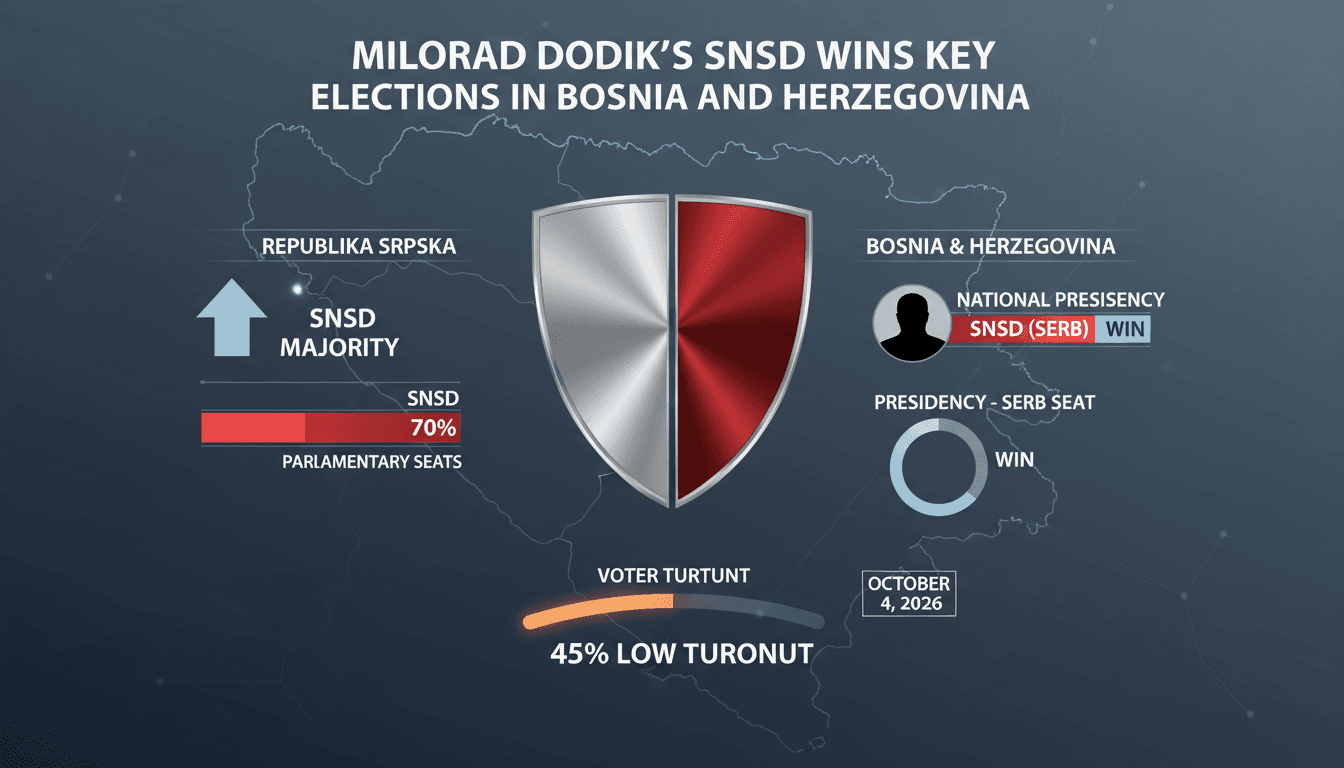Election results in Bosnia showing Milorad Dodik's SNSD victory and low voter turnout statistics.