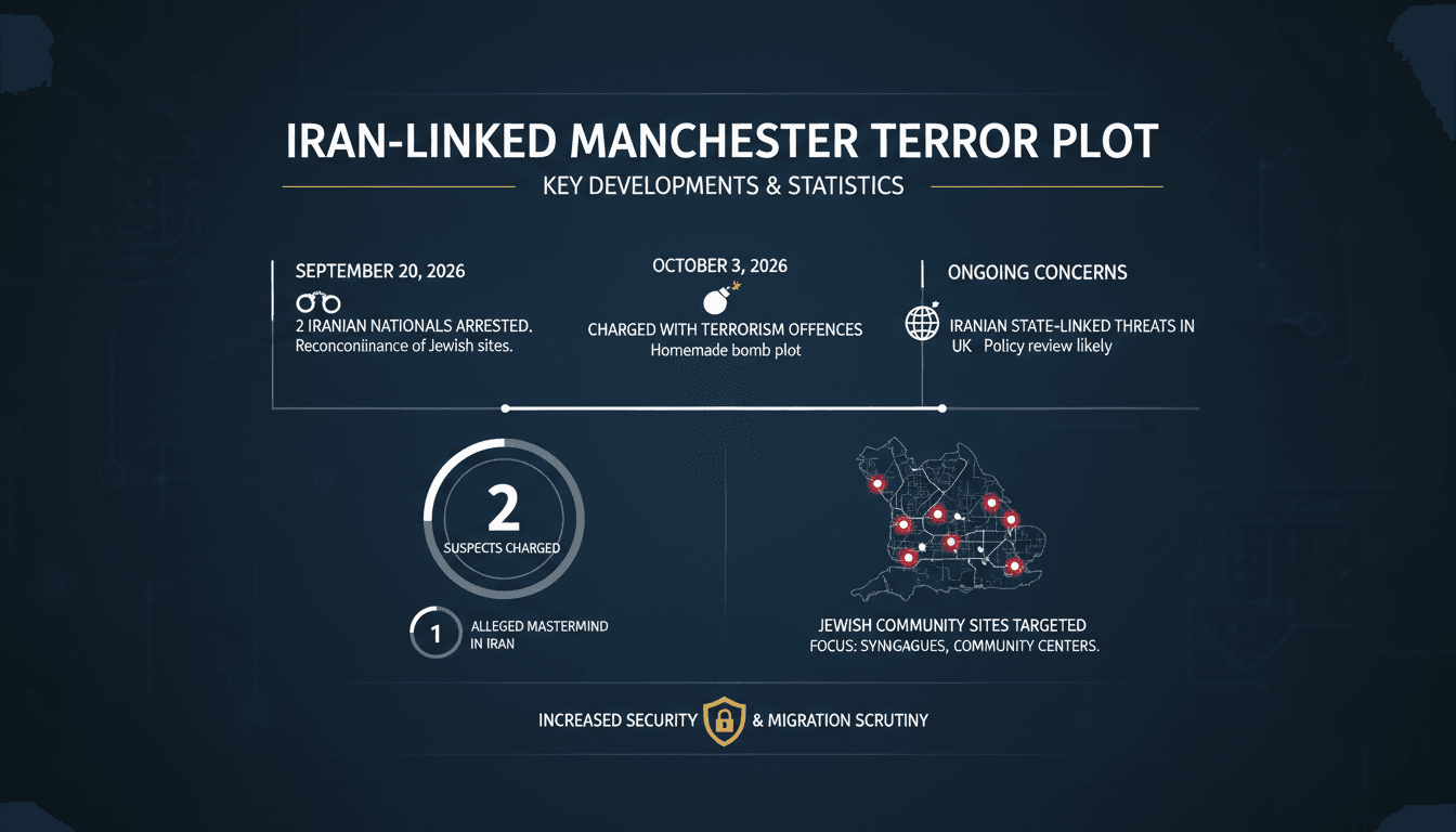Infographic detailing the timeline and statistics of the Iranian nationals charged in the Manchester bomb plot.