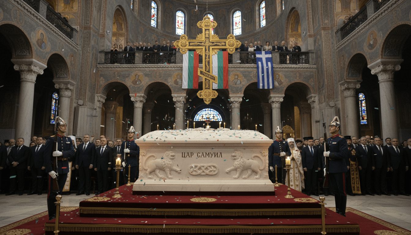 The marble sarcophagus of Tsar Samuel during the state ceremony in Sofia, Bulgaria.
