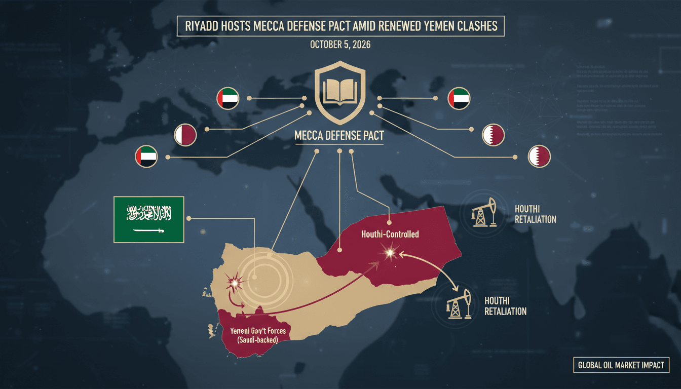 A map showing the Yemen conflict's key areas and the Mecca Defense Pact's participating countries.