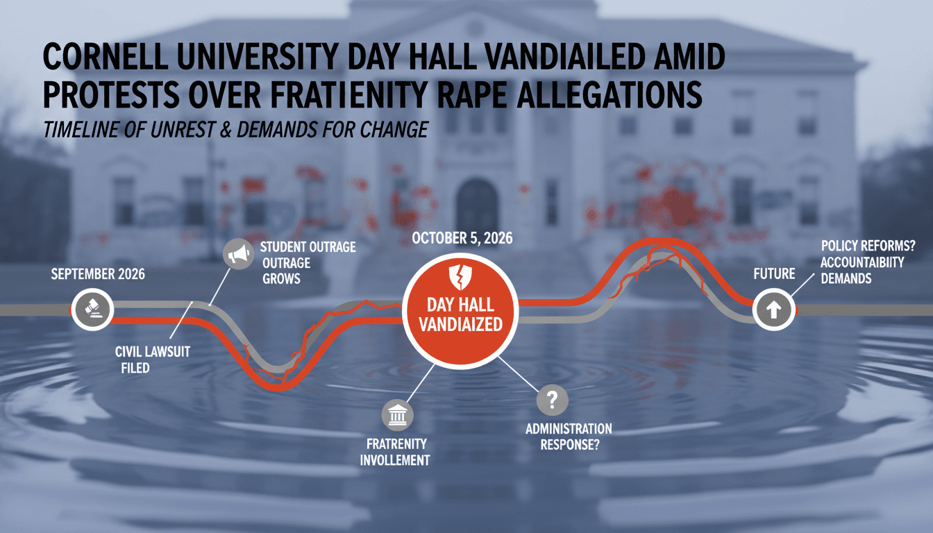 A protest scene at Cornell University with slogans about sexual violence and accountability.