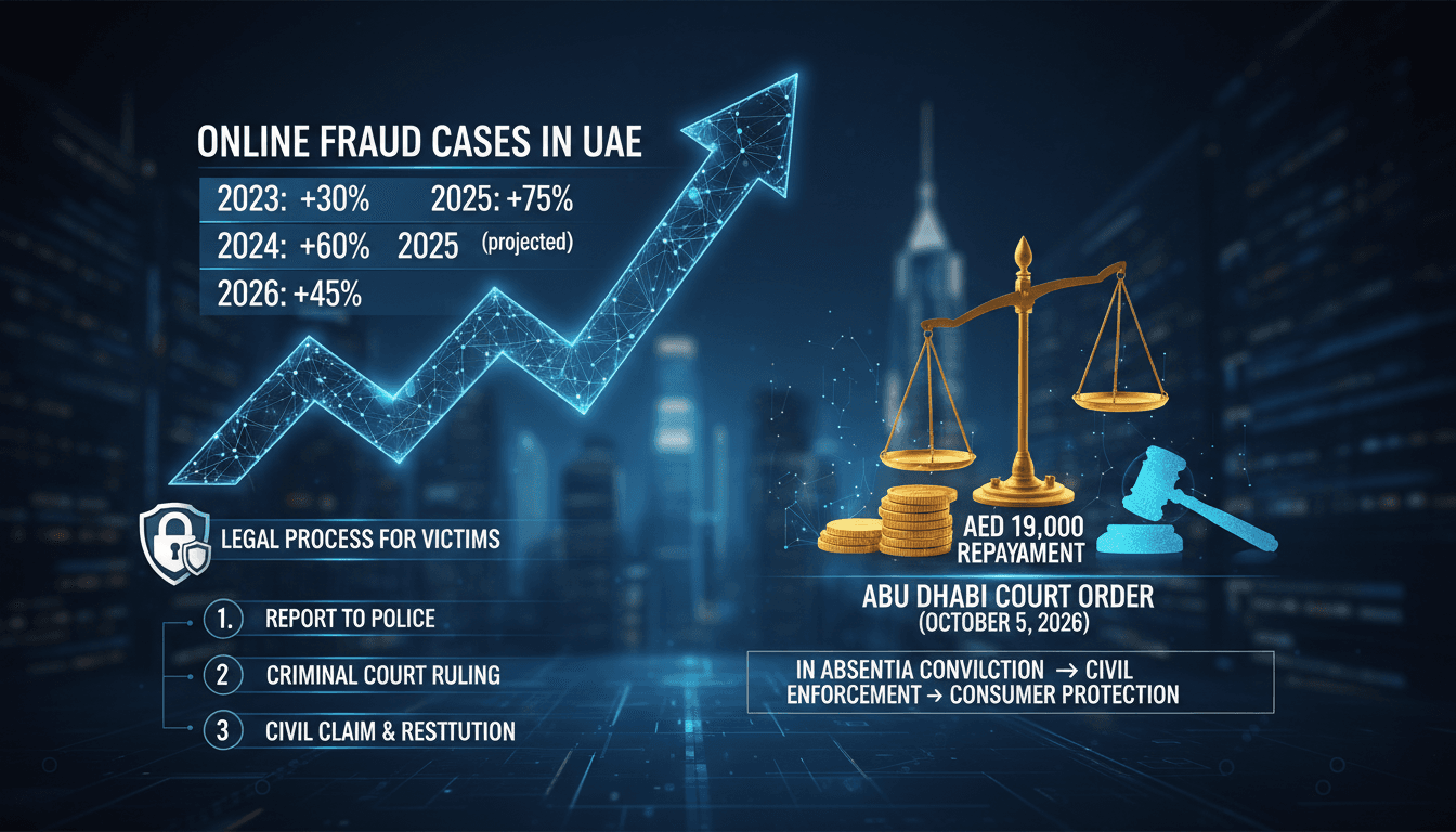 Infographic showing the rise of online fraud cases in the UAE and legal recourse for victims.