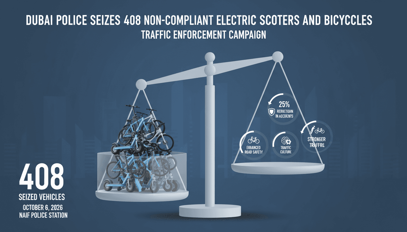 Infographic showing seized electric scooters and bicycles in Dubai's Naif district, highlighting road safety measures.