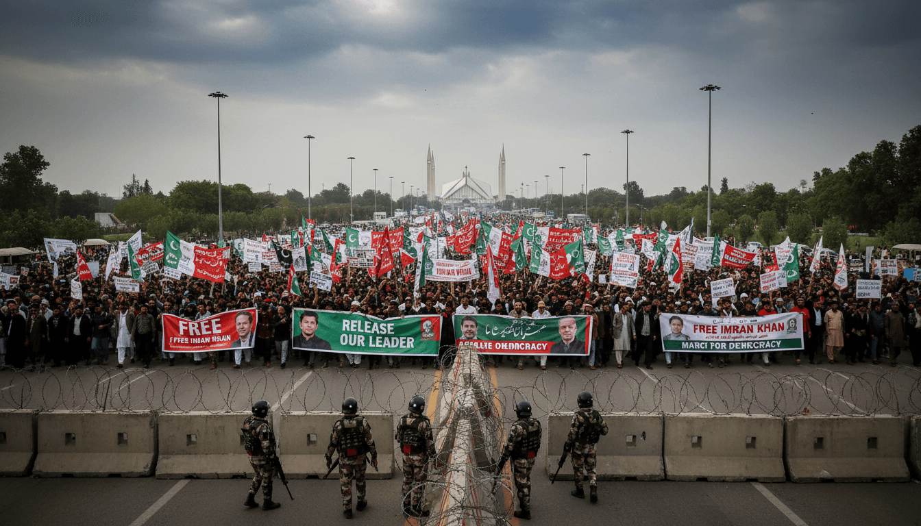 A large crowd of Imran Khan supporters marching toward Islamabad, with barricades in the background.