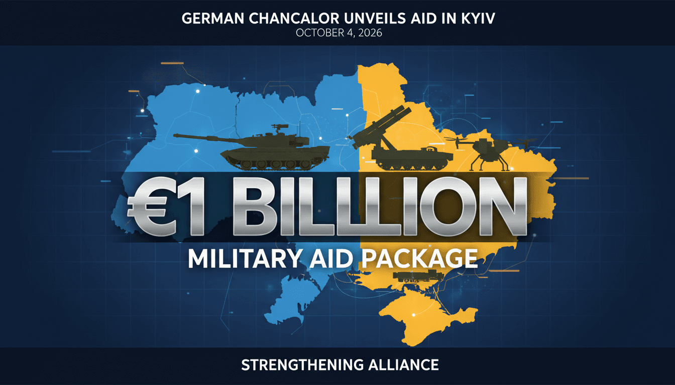 German Chancellor Merz announcing €1 billion military aid to Ukraine during a visit amid ongoing conflict.