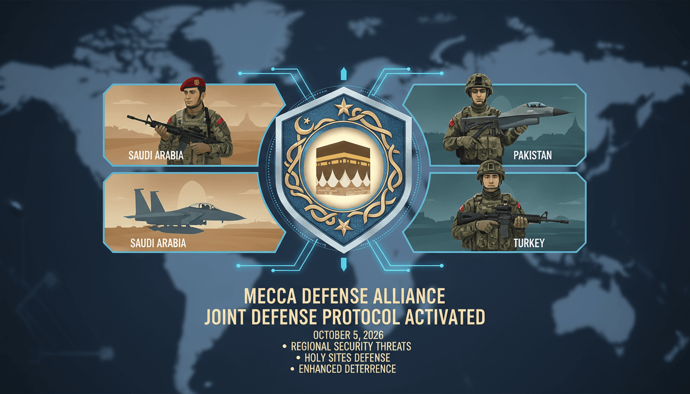 Infographic detailing the Mecca Defense Alliance's military personnel and joint defense agreement highlights.