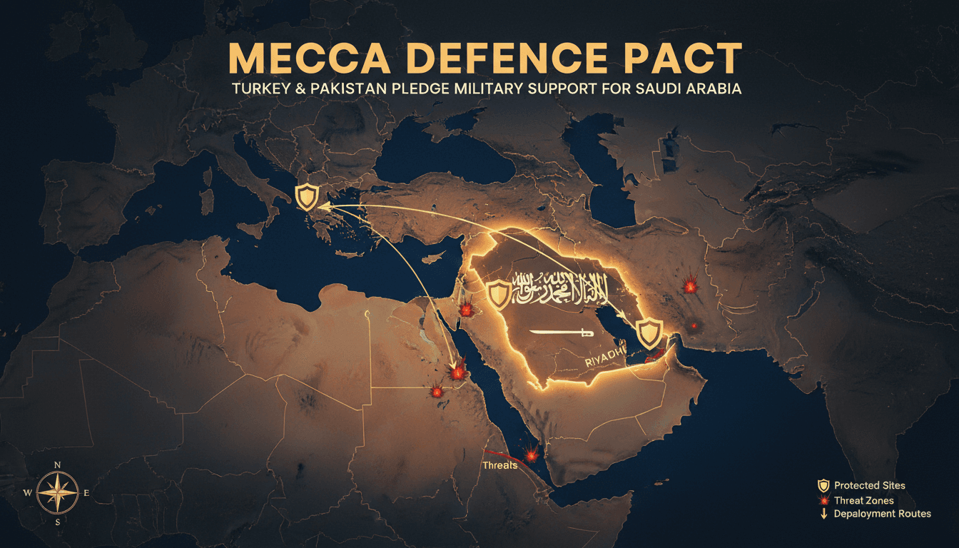Map showing Turkey, Pakistan, and Saudi Arabia's military pact and Houthi attack zones.