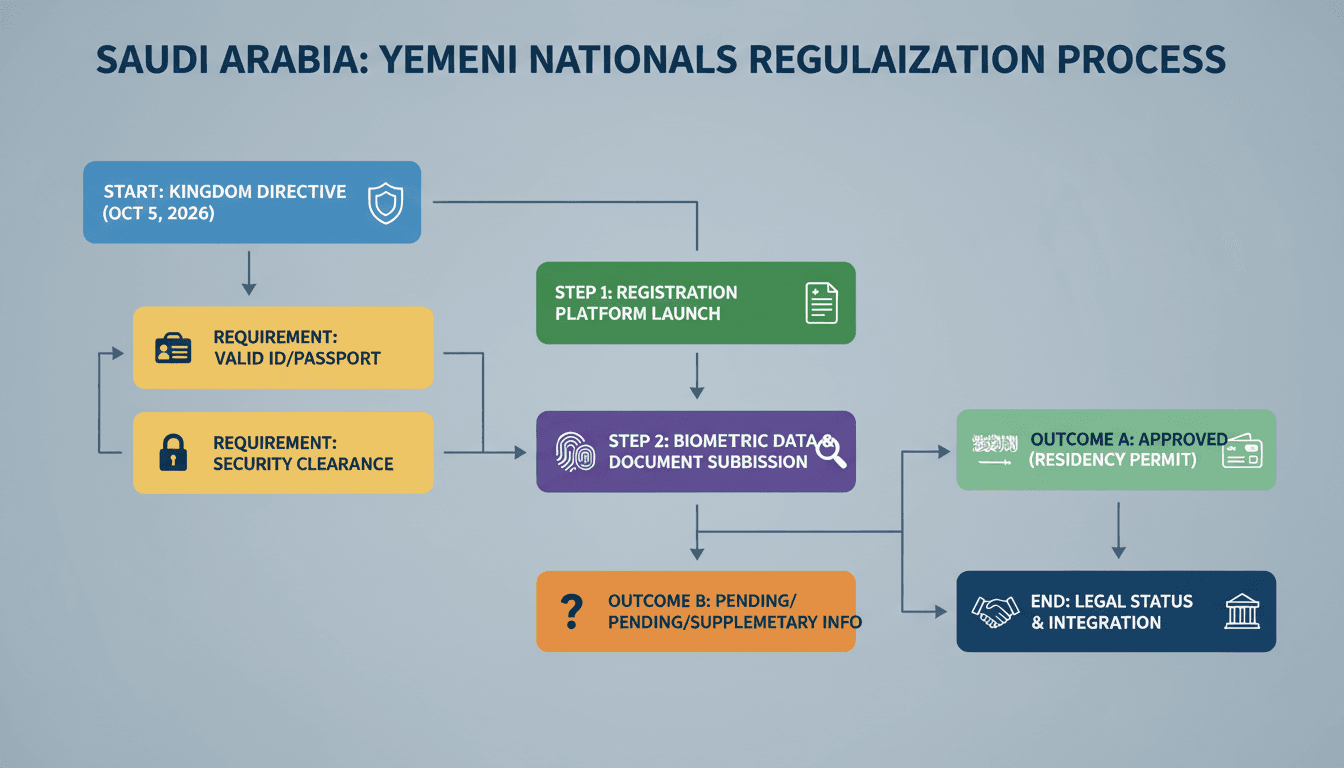 Flowchart showing the regularization process for Yemeni nationals in Saudi Arabia, highlighting key steps and requirements.