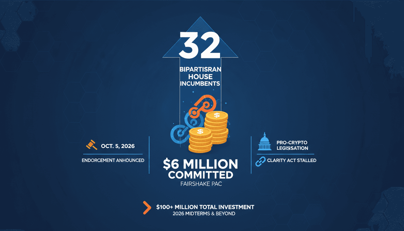 Infographic detailing Fairshake PAC's endorsements and funding for the 2026 midterms.
