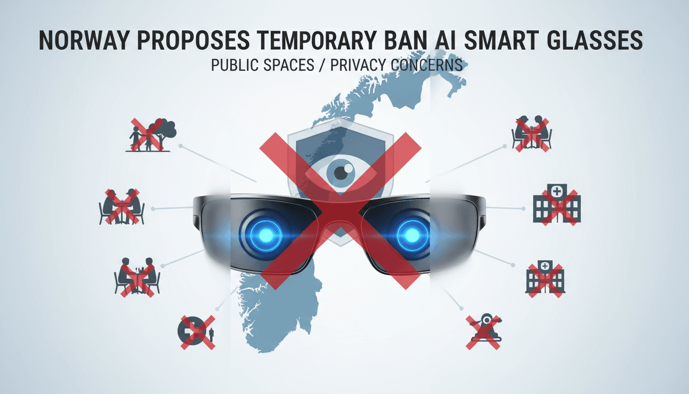 Infographic showing Norway's proposed ban on AI smart glasses in public spaces and its implications for privacy.