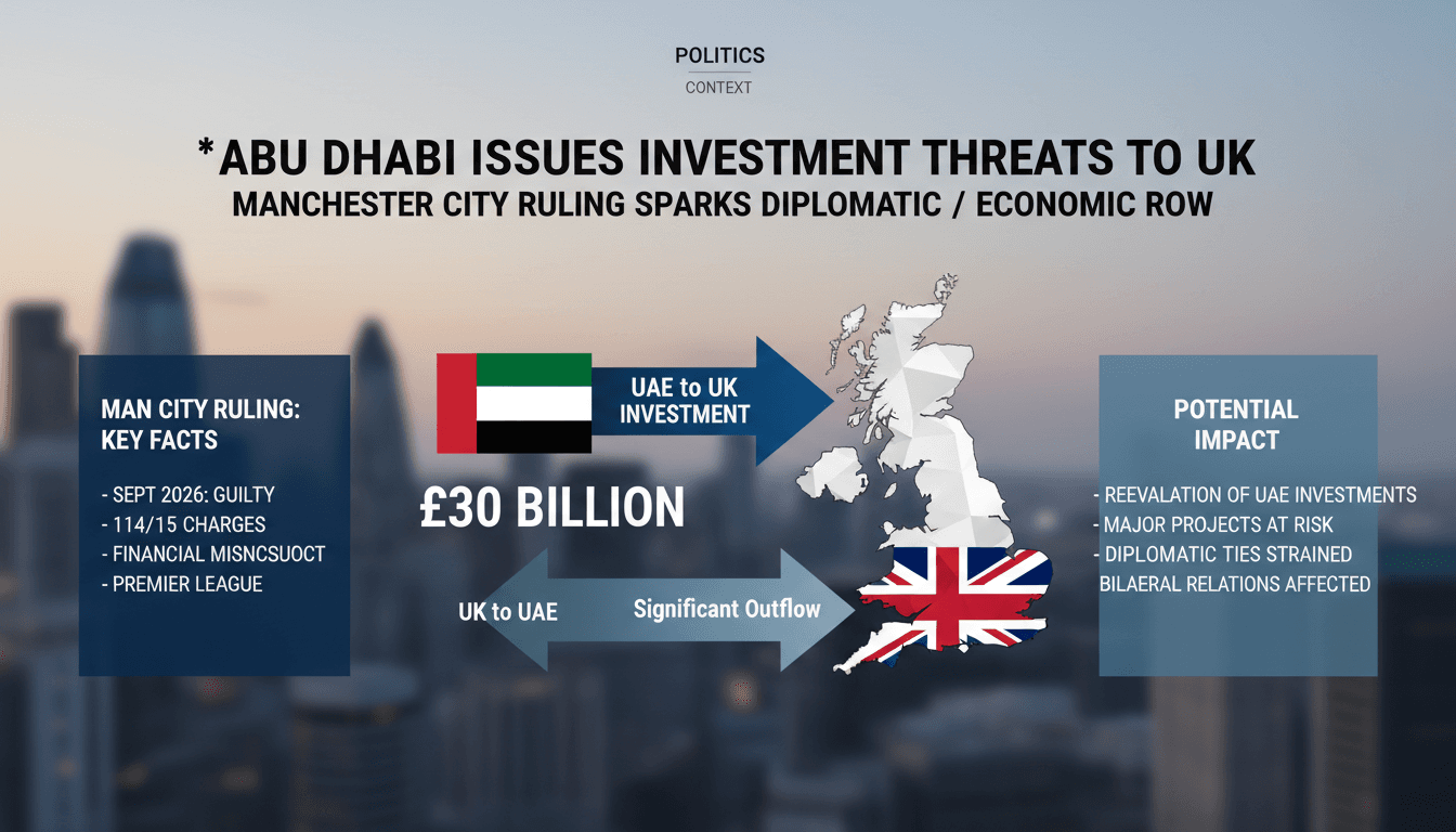 Infographic showing £30 billion UAE investments in the UK and details of the Manchester City ruling.