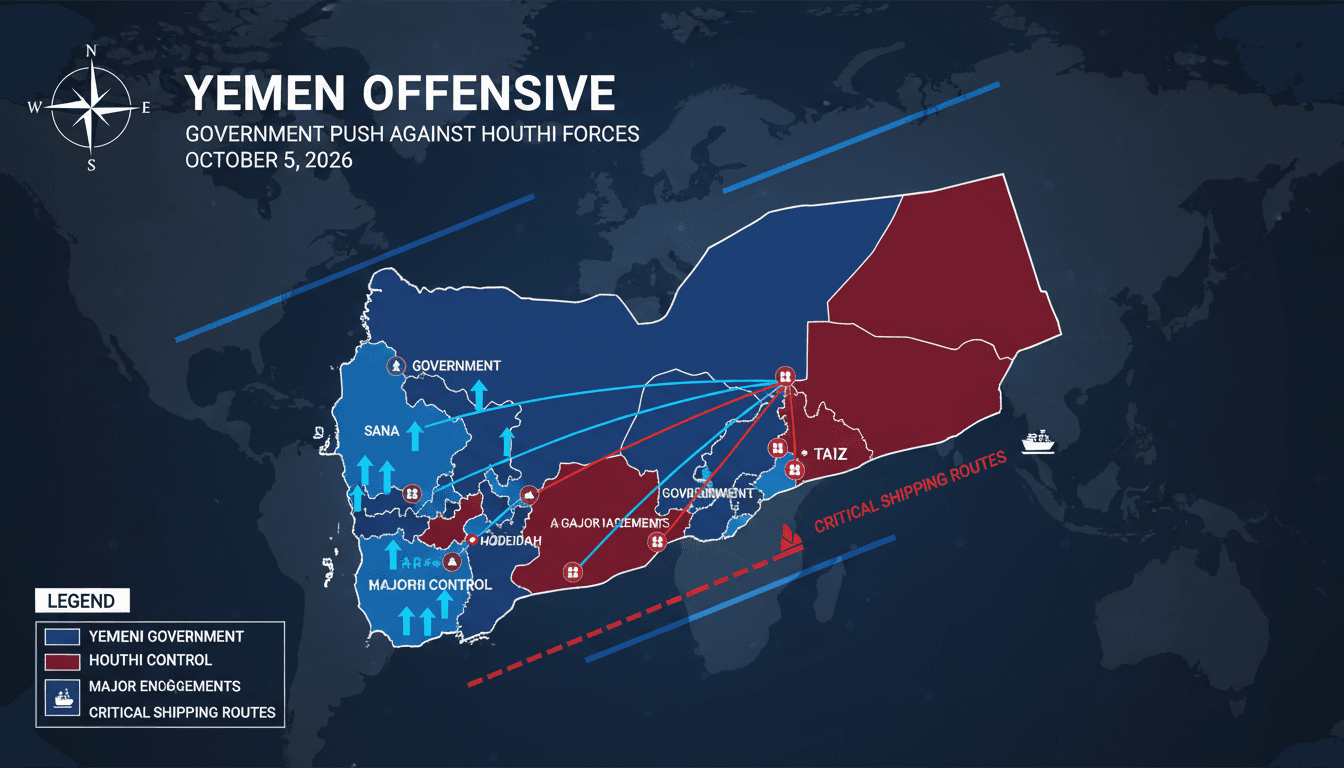 Map showing Yemen's military offensive and key strategic locations like Bab al-Mandab Strait.