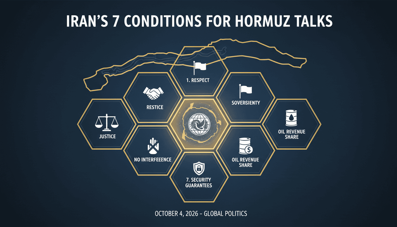 A map highlighting the Strait of Hormuz and key conditions set by Iran in negotiations with the US.
