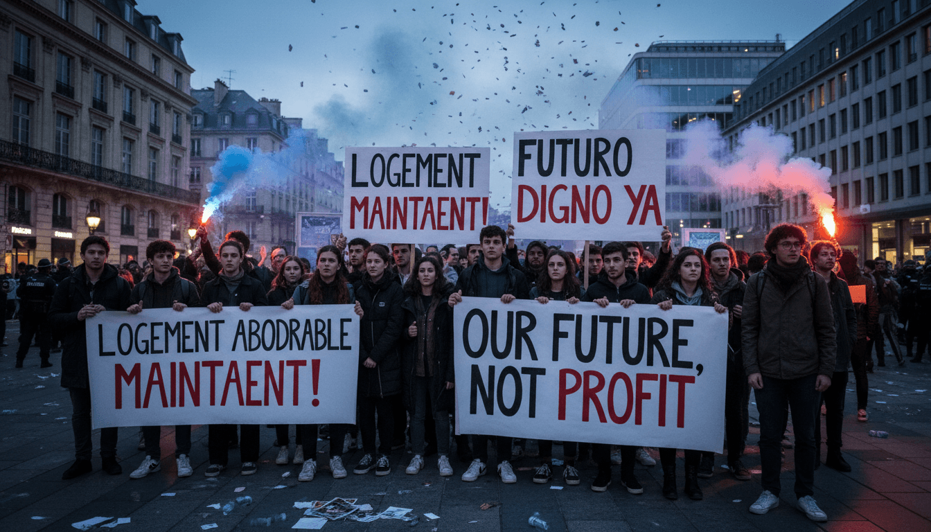 Young protesters in France and Spain demanding change, highlighting socioeconomic insecurity.