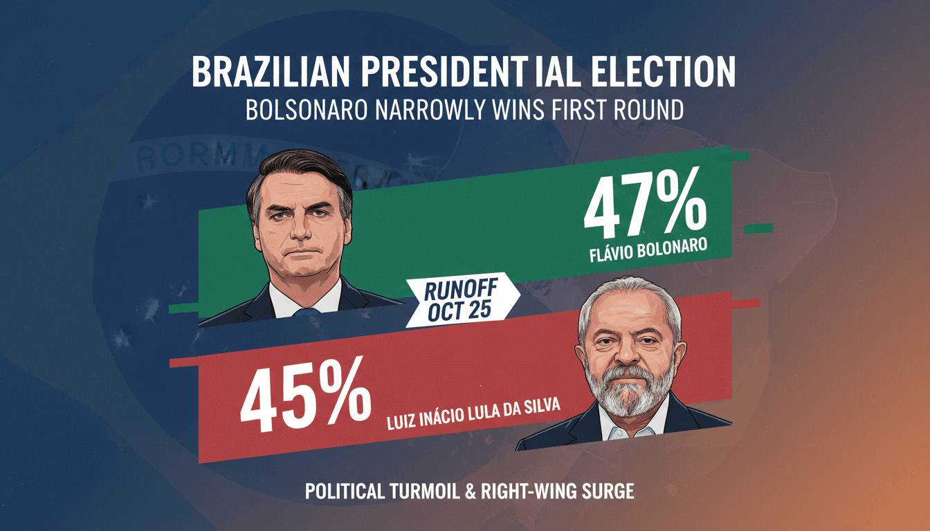 Election results infographic showing Flávio Bolsonaro and Lula da Silva's vote percentages in Brazil's 2026 presidential election.