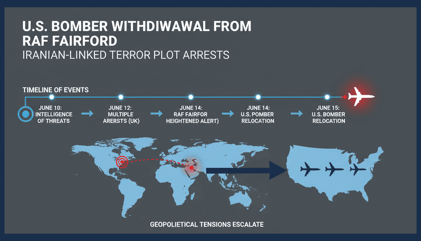 Infographic detailing the Iranian-linked plot at RAF Fairford and the relocation of U.S. bombers.