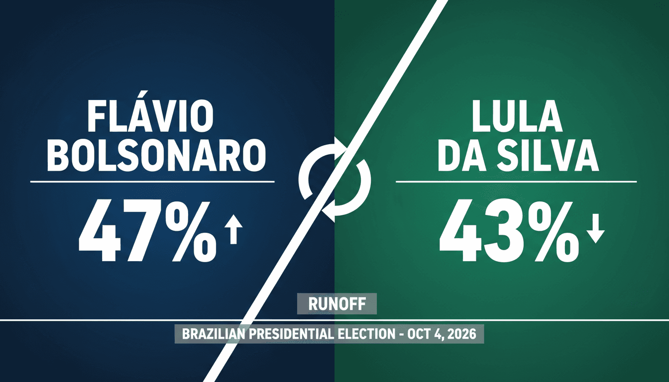 A graphic depicting the vote percentages for Flávio Bolsonaro and Lula da Silva in Brazil's 2026 presidential election runoff.