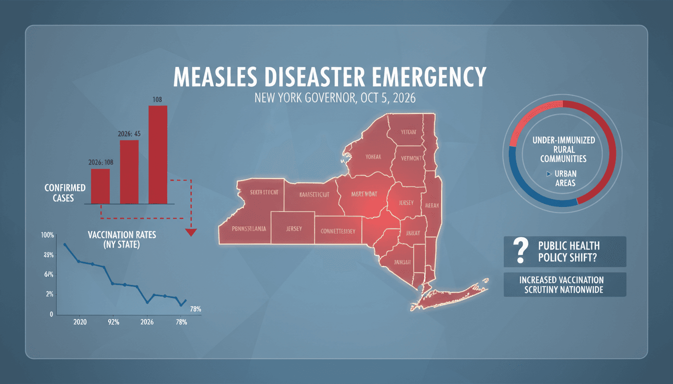 Infographic showing the rise in measles cases and vaccination rates in New York and surrounding areas.