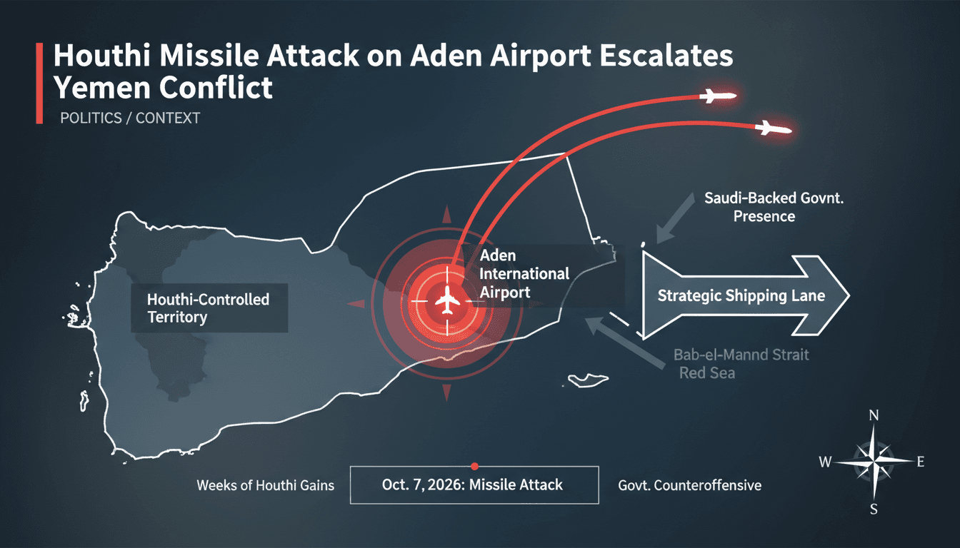 A map highlighting the missile strike locations and the strategic importance of Aden International Airport in Yemen.