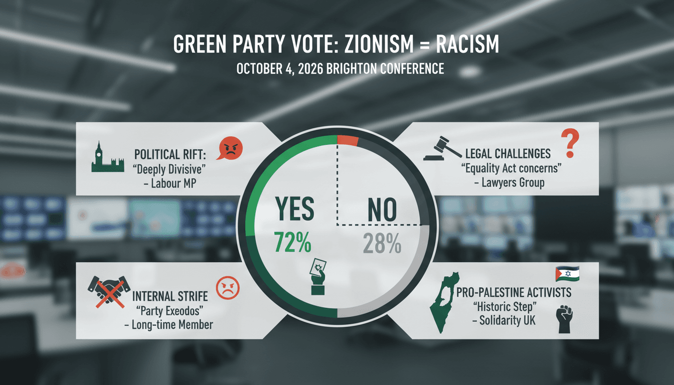 Infographic showing the Green Party's vote on Zionism and reactions from stakeholders.