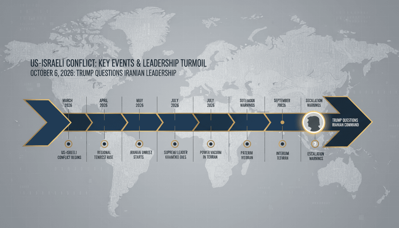 A timeline graphic illustrating the US-Israeli conflict and its impact on Iranian leadership and energy markets.
