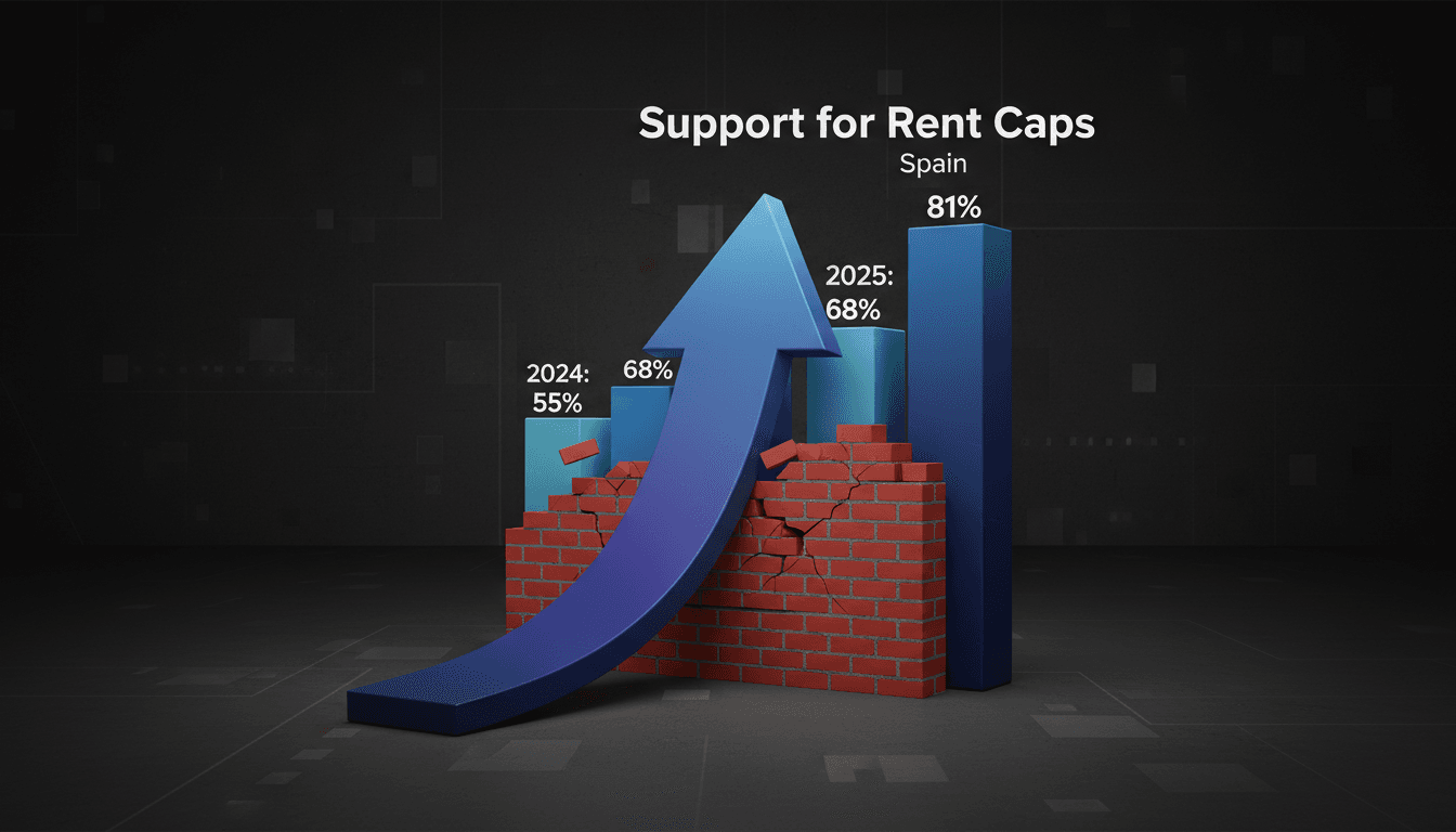 An infographic showing the rising support for rent caps in Spain amid the housing crisis.