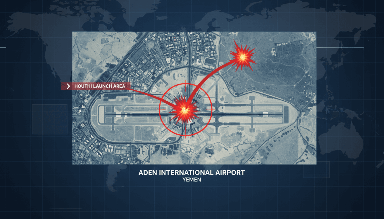 A map highlighting Aden International Airport with missile strike indicators and regional conflict context.