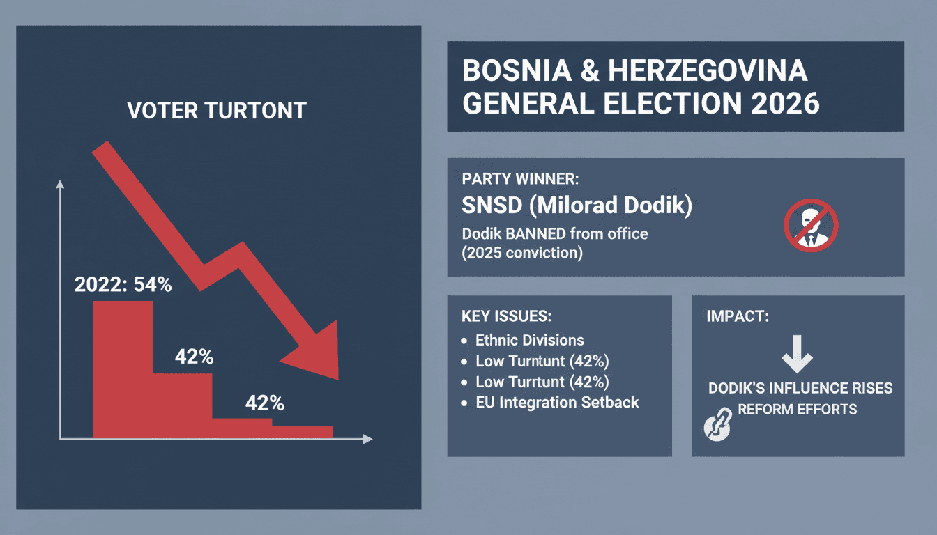 Infographic depicting Milorad Dodik's SNSD victory and record low voter turnout in Bosnia's 2026 election.