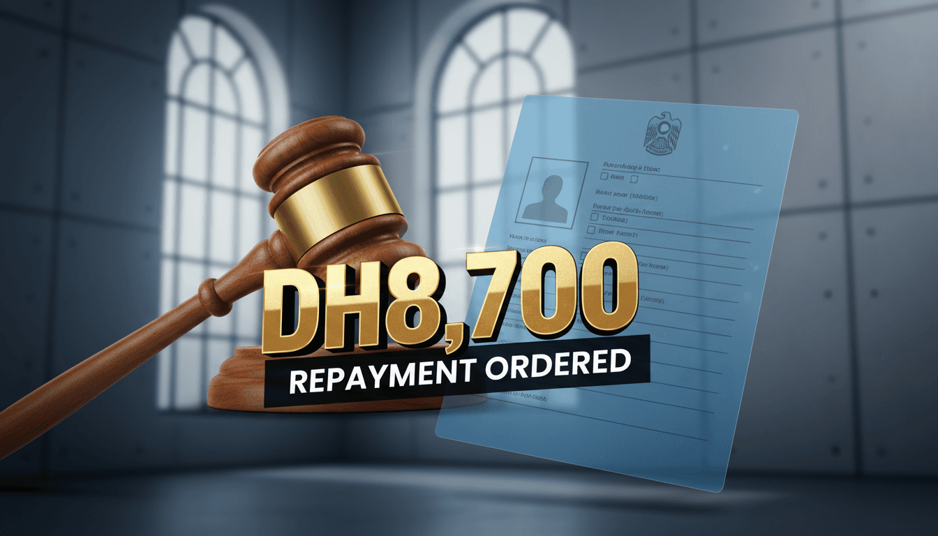 A gavel and work visa application with the amount Dh8,700 prominently displayed.