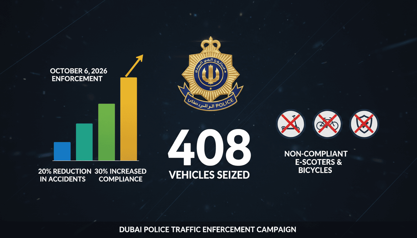 Infographic showing Dubai police seizing 408 electric scooters and bicycles for traffic safety compliance.