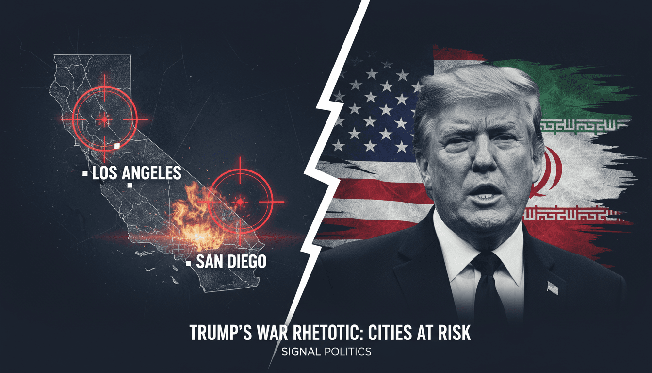 A graphic depicting urban landscapes of Los Angeles and San Diego with political symbols, highlighting the impact of rhetoric on safety.