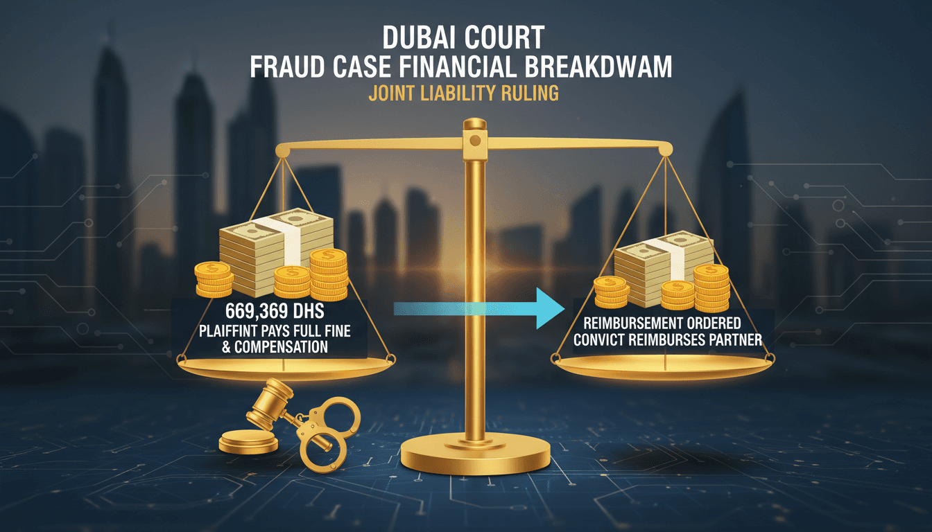 Infographic showing the financial penalties and reimbursement in Dubai fraud cases.