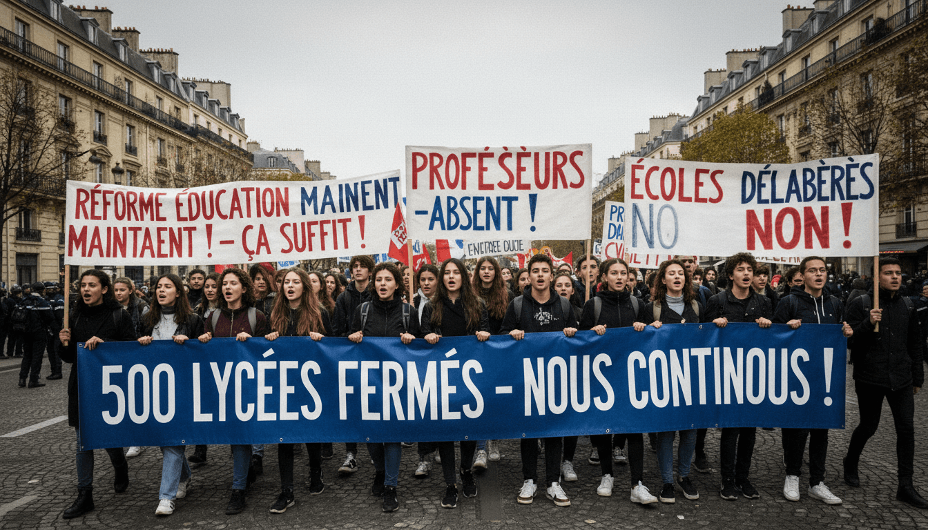 Students protesting in France demanding educational reform and better school conditions.
