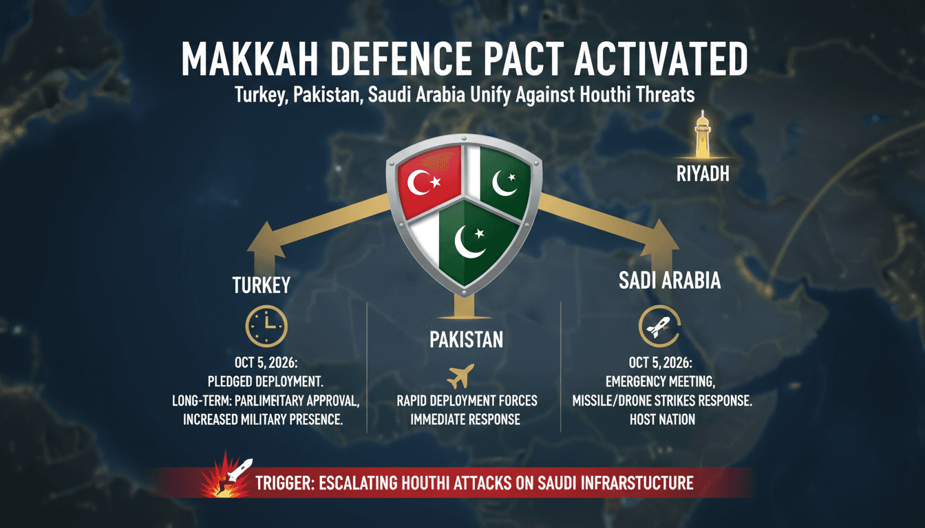 Map showing Turkey, Saudi Arabia, and Pakistan with military deployment timelines under the Makkah defence pact.