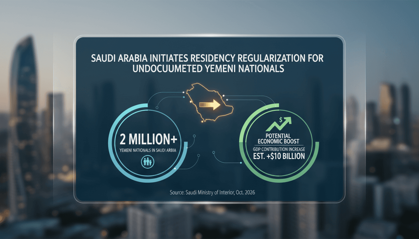 Infographic illustrating the impact of Saudi Arabia's residency regularization for Yemeni nationals on labor markets and remittances.