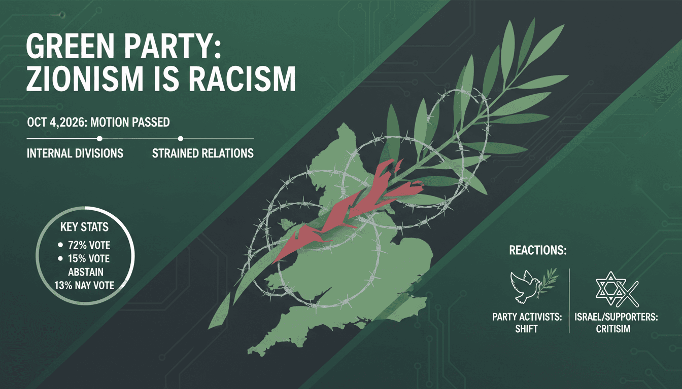 A graphic showing the Green Party's anti-Zionism motion with key statistics and reactions.