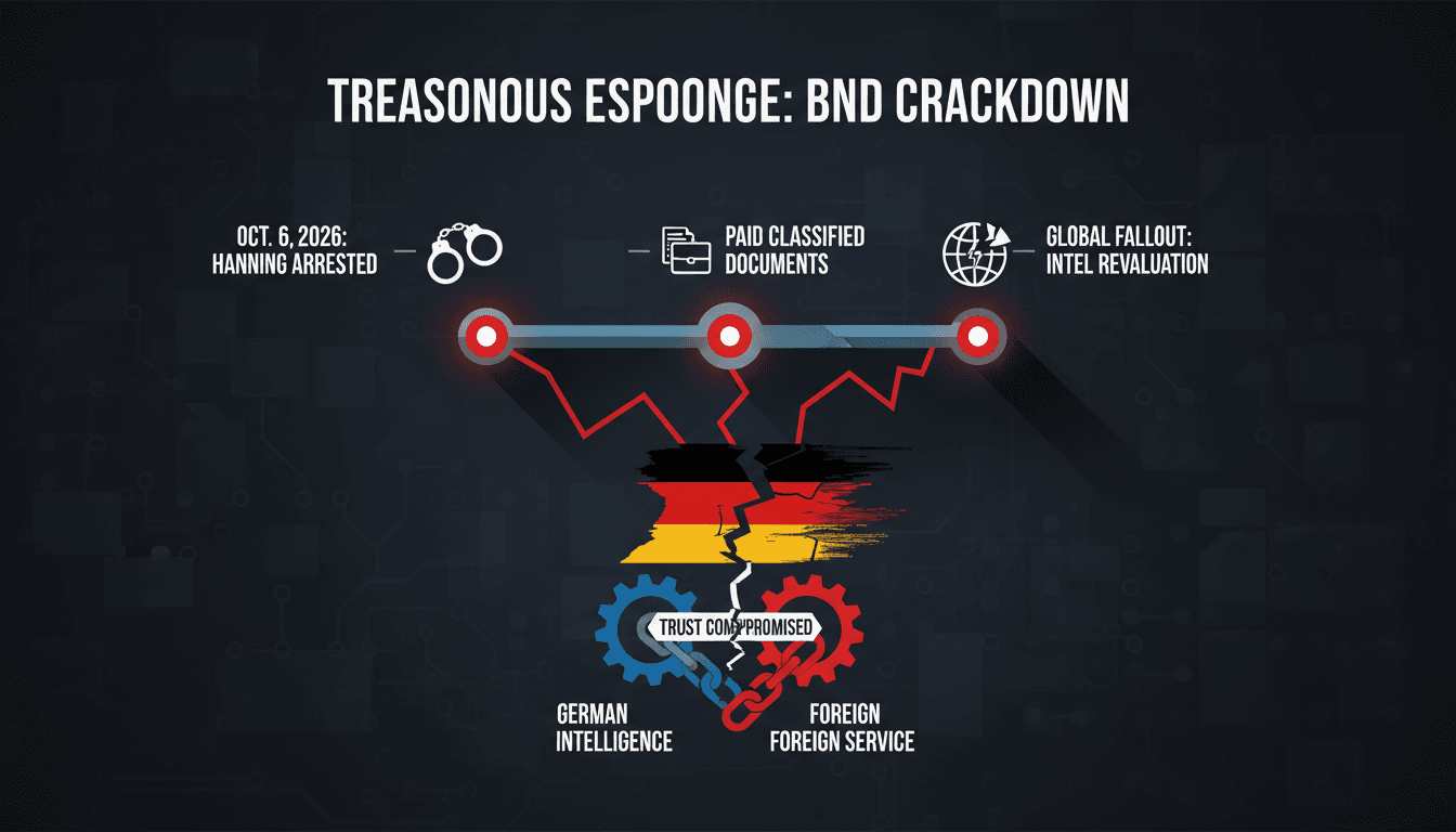 A visual representation of August Hanning's espionage case and its impact on Germany's intelligence operations.